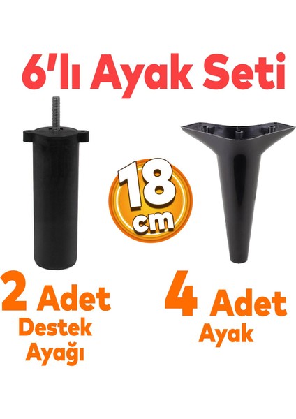 Aspen 6'lı Set Mobilya Tv Ünitesi Çekyat Koltuk Kanepe Baza Destek Ayağı Ayakları 18 Cm Siyah M8