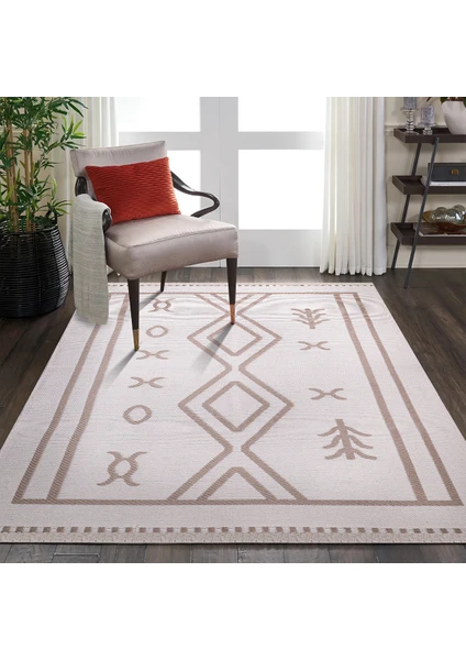 Havvana Home Kaymaz Taban Çamaşır Makinesinde Yıkanabilir Bej Rengi Pamuklu Halı Kilim