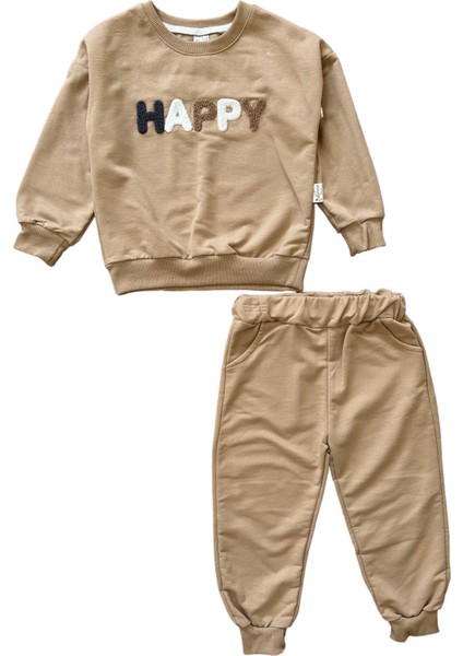 Kahve Happy Nakışlı Erkek Çocuk Eşofman Takımı