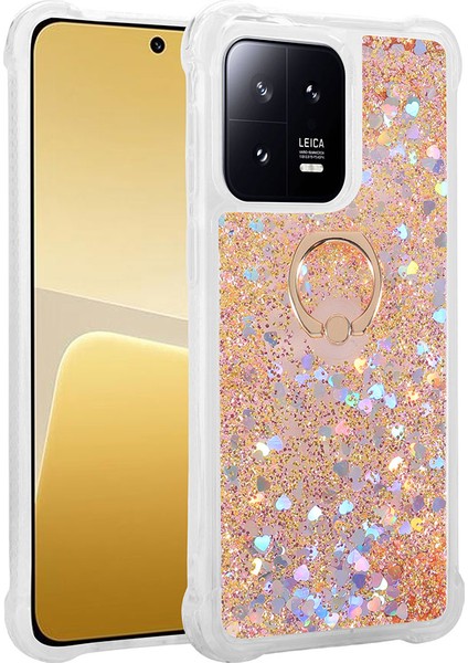 Xiaomi Mi 13 Pro Kılıf Sıvılı Kalplı Hareketli Yüzüklü Milce Kapak