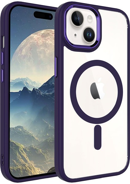 Apple Iphone 15 Plus Kılıf Renkli Silikon Kenarlı Magsafeli Arkası Şeffaf Krom Kapak