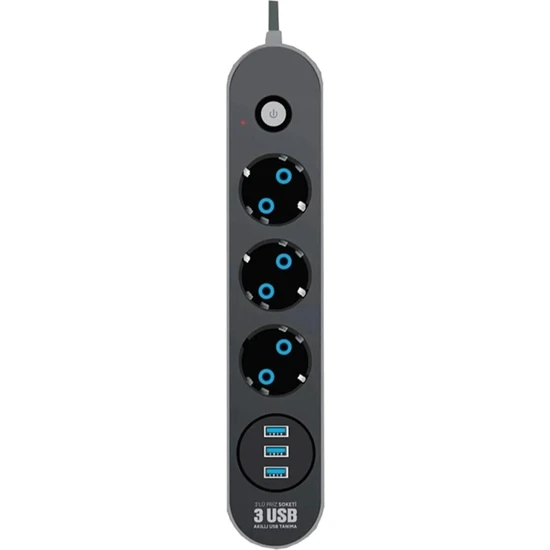 Airstorr Akım Korumalı 3'lü Grup Priz 1 Mini LED Uzatma Kablosu 3x USB 3x Anahtar 2 m Kablo 2500W