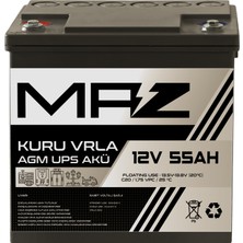 Maz Akü 12 Volt 55 Amper (Ah) Kuru Agm Vrla Güç Kaynağı Ups Akü