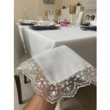 Zeren Home Keten Görünümlü Dantel Detaylı Simli Dertsiz Masa Örtüsü Beyaz + 6 Peçete