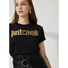 Just Cavalli Bisiklet Yaka Baskılı Siyah Kadın T-Shirt 74PBHF00