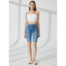 Denim Trip Yüksek Bel Slim Fit Indigo Kadın Denim Şort DT10360 Slim Fit Yüksek Bel Bermuda