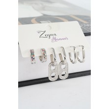 By Zeyna Aksesuar Kadın Vip Seri Zirkon Taşlı Karışık Figürlü 6'lı Küpe Seti