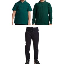 Mavimoure Unisex Çocuk Ribana Bel Keten Okul Pantolonu + Polo Yaka Kısa ve Uzun Kol T-Shirt