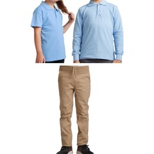 Mavimoure Unisex Çocuk Ribana Bel Keten Okul Pantolonu + Polo Yaka Kısa ve Uzun Kol T-Shirt