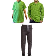 Mavimoure Unisex Çocuk Ribana Bel Keten Okul Pantolonu + Polo Yaka Kısa ve Uzun Kol T-Shirt