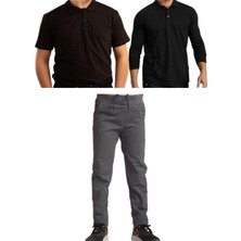 Mavimoure Unisex Çocuk Ribana Bel Keten Okul Pantolonu + Polo Yaka Kısa ve Uzun Kol T-Shirt
