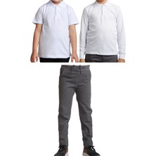 Mavimoure Unisex Çocuk Ribana Bel Keten Okul Pantolonu + Polo Yaka Kısa ve Uzun Kol T-Shirt