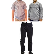 Mavimoure Unisex Çocuk Ribana Bel Keten Okul Pantolonu + Polo Yaka Kısa ve Uzun Kol T-Shirt