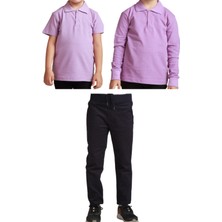 Mavimoure Unisex Çocuk Ribana Bel Keten Okul Pantolonu + Polo Yaka Kısa ve Uzun Kol T-Shirt