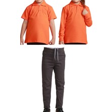 Mavimoure Unisex Çocuk Ribana Bel Keten Okul Pantolonu + Polo Yaka Kısa ve Uzun Kol T-Shirt