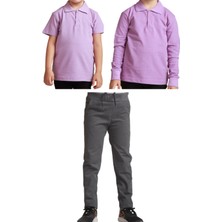 Mavimoure Unisex Çocuk Ribana Bel Keten Okul Pantolonu + Polo Yaka Kısa ve Uzun Kol T-Shirt
