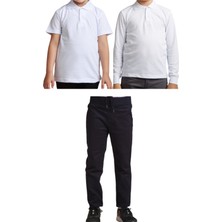 Mavimoure Unisex Çocuk Ribana Bel Keten Okul Pantolonu + Polo Yaka Kısa ve Uzun Kol T-Shirt