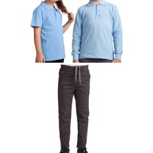 Mavimoure Unisex Çocuk Ribana Bel Keten Okul Pantolonu + Polo Yaka Kısa ve Uzun Kol T-Shirt
