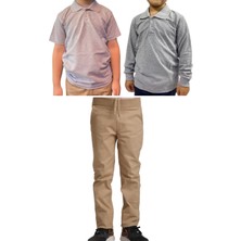 Mavimoure Unisex Çocuk Ribana Bel Keten Okul Pantolonu + Polo Yaka Kısa ve Uzun Kol T-Shirt