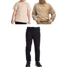 Mavimoure Unisex Çocuk Ribana Bel Keten Okul Pantolonu + Polo Yaka Kısa ve Uzun Kol T-Shirt