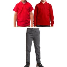 Mavimoure Unisex Çocuk Ribana Bel Keten Okul Pantolonu + Polo Yaka Kısa ve Uzun Kol T-Shirt
