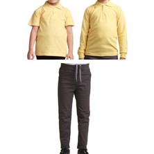 Mavimoure Unisex Çocuk Ribana Bel Keten Okul Pantolonu + Polo Yaka Kısa ve Uzun Kol T-Shirt