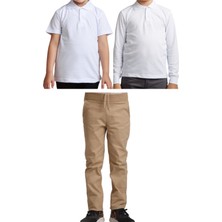 Mavimoure Unisex Çocuk Ribana Bel Keten Okul Pantolonu + Polo Yaka Kısa ve Uzun Kol T-Shirt
