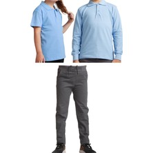 Mavimoure Unisex Çocuk Ribana Bel Keten Okul Pantolonu + Polo Yaka Kısa ve Uzun Kol T-Shirt