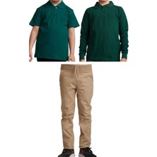Mavimoure Unisex Çocuk Ribana Bel Keten Okul Pantolonu + Polo Yaka Kısa ve Uzun Kol T-Shirt