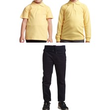 Mavimoure Unisex Çocuk Ribana Bel Keten Okul Pantolonu + Polo Yaka Kısa ve Uzun Kol T-Shirt