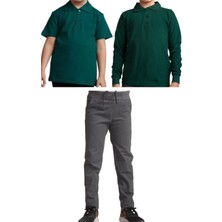 Mavimoure Unisex Çocuk Ribana Bel Keten Okul Pantolonu + Polo Yaka Kısa ve Uzun Kol T-Shirt