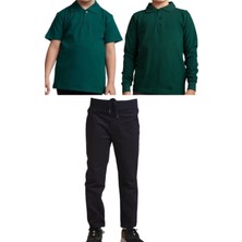 Mavimoure Unisex Çocuk Ribana Bel Keten Okul Pantolonu + Polo Yaka Kısa ve Uzun Kol T-Shirt