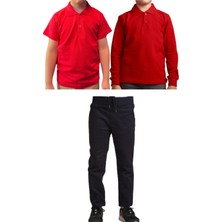 Mavimoure Unisex Çocuk Ribana Bel Keten Okul Pantolonu + Polo Yaka Kısa ve Uzun Kol T-Shirt