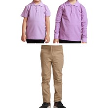 Mavimoure Unisex Çocuk Ribana Bel Keten Okul Pantolonu + Polo Yaka Kısa ve Uzun Kol T-Shirt