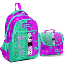 Coral High Pembe-Su Yeşili Kedicikler Çanta ve Beslenmeli 2'li Çanta Seti