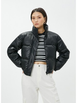 Koton Siyah Kadın Mont Kısa Dik Yaka Uzun Kollu Düz Desenli Şık Tasarım