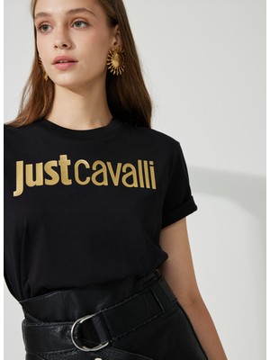 Just Cavalli Bisiklet Yaka Baskılı Siyah Kadın T-Shirt 74PBHF00