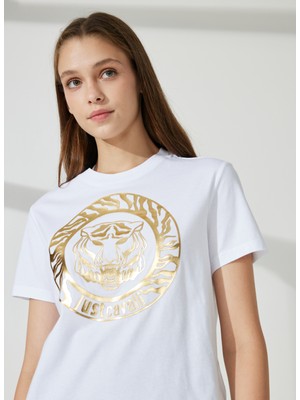 Just Cavalli Bisiklet Yaka Baskılı Beyaz Kadın T-Shirt 74PBHF03