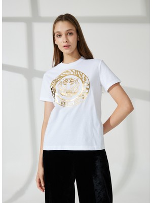 Just Cavalli Bisiklet Yaka Baskılı Beyaz Kadın T-Shirt 74PBHF03