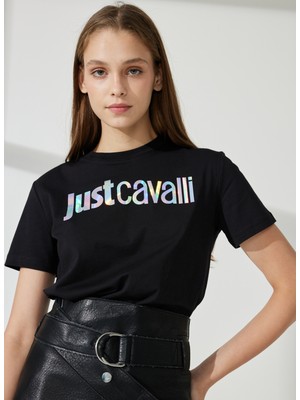 Just Cavalli Bisiklet Yaka Baskılı Siyah Kadın T-Shirt 74PBHG00