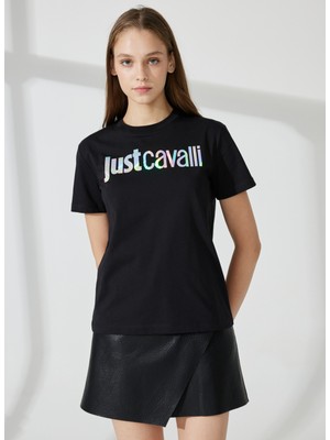 Just Cavalli Bisiklet Yaka Baskılı Siyah Kadın T-Shirt 74PBHG00