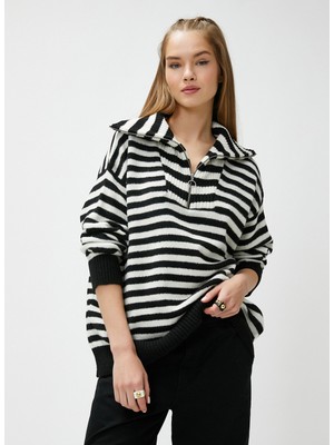 Koton Gömlek Yaka Standart Çizgili Beyaz - Siyah Kazak Kadın 4WAL90010HT