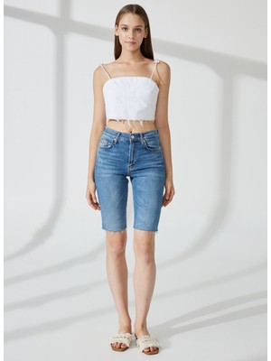Denim Trip Yüksek Bel Slim Fit Indigo Kadın Denim Şort DT10360 Slim Fit Yüksek Bel Bermuda