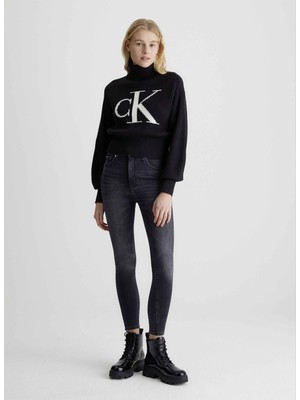 Calvin Klein Jeans Dik Yaka Normal Baskılı Siyah Kazak Kadın J20J221960BEH