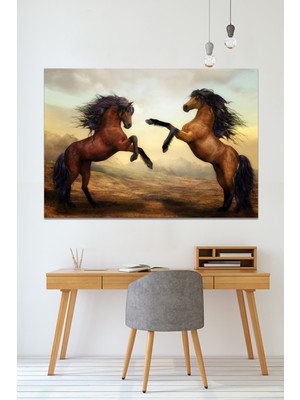 Morfil Sanat Atölyesi Şaha Kalkmış Çift Asil At Hayvan Sanatsal Dekoratif Kanvas Tablo (8 Farklı Ölçü)