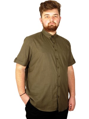 ModeXL Erkek Keten Likralı Cepli Kısa Kol Gömlek 20389 Büyük Beden Günlük Stil Düz Renk