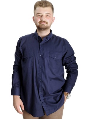 ModeXL Lacivert Büyük Beden Erkek Gömlek Uzun Kol Gabardin Çift Cep Kapaklı Günlük Stil