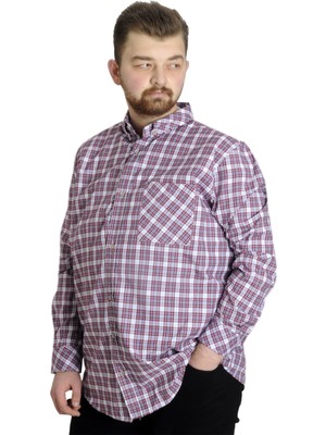 ModeXL  Büyük Beden Erkek Ekose Uzun Kollu Cepli Gömlek 23300 Mürdüm