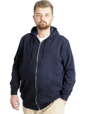 ModeXL Erkek Lacivert Kapşonlu Fermuarlı Hırka Steel Interlock Uzun Kol Düz Renk
