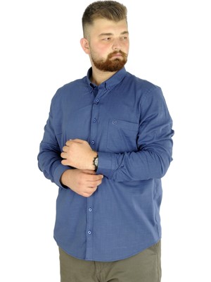 ModeXL Büyük Beden Erkek Indigo Keten Cepli Gömlek Klasik Stil Uzun Kol